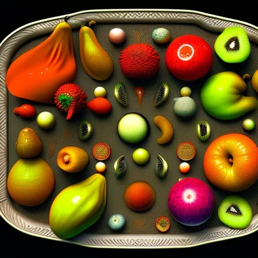 plate of various alien fruits from another planet, photographed