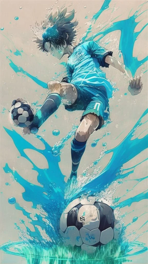 anime soccer player kicking the ball covered in water