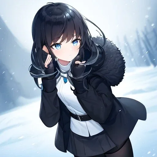 Clear focus, High resolution, black short fluffy hair, long locks, frowning, unamused, wearing a black coat and a white short skirt with black leggings on, wearing a white shirt, wearing a grey belt, looking confused, snow in the background, blue sparkling eyes, 1girl (solo)