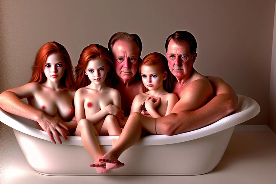 digital art of perfect auburn hair girls with dad in the bedroom in a bathtub with grandpa hugging bare lips