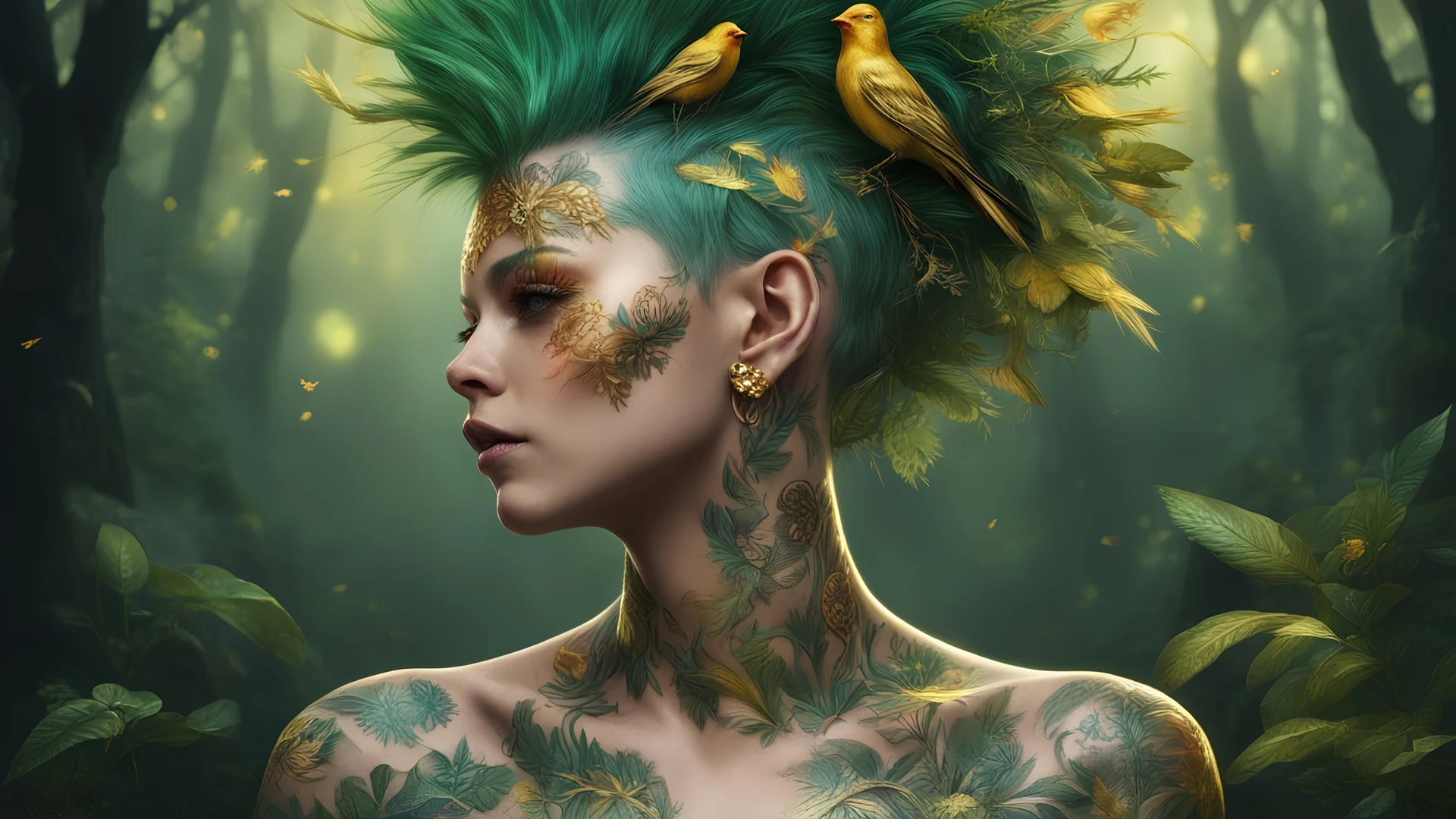 dark background, punk 45 years old, forest on the head, plant hair, green plants, bright colors, golden birds, golden makeup, tattoo, shiny aura, very detailed, fine rendering, high detail, high resolution, 8K