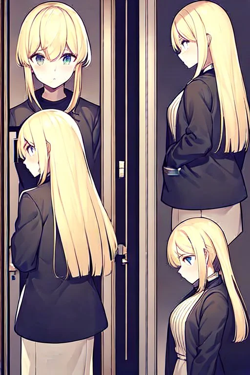 blonde girl whit jacket walk in a corridor, back view, line arts, manga style