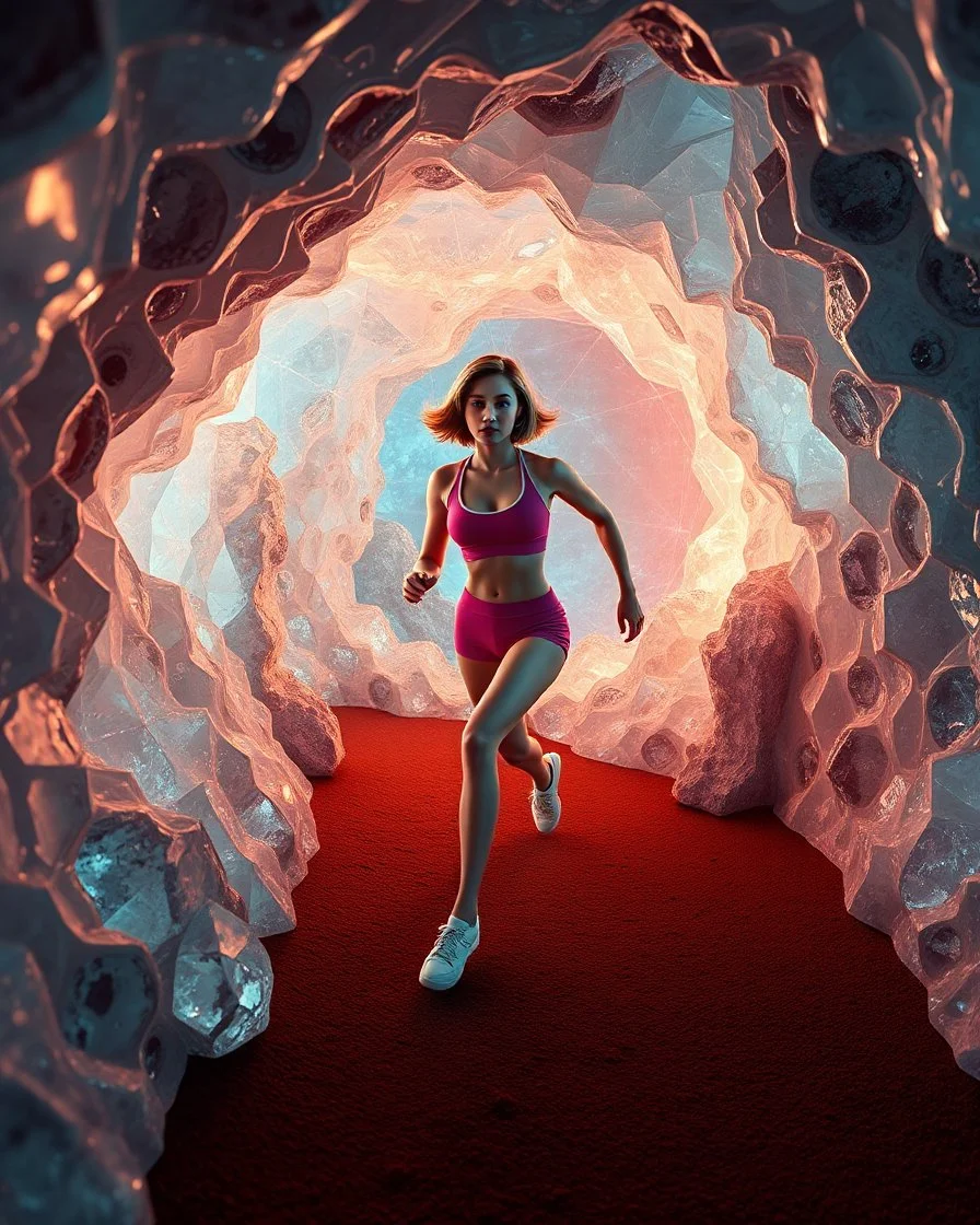 make a picture pretty crystal CIFI cave made of and jwells, 3d fractal recursive cubic and sphere base crystals and a beautiful fashion model lady with cute,bob hair,makeup, in pretty sports suit is running inside cave ,dynamic camera fallow her inside cave capturing full body, dynamic lights.