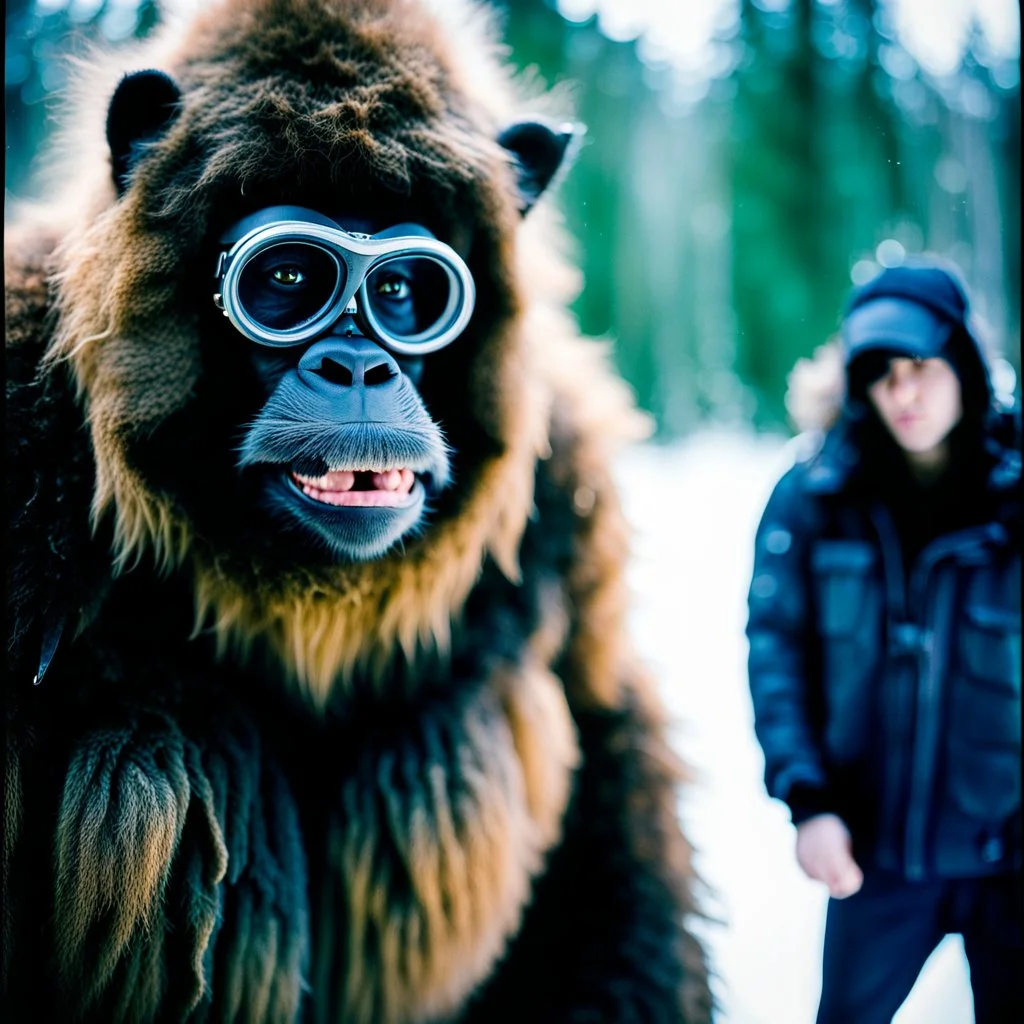 Album cover for a post rock band, close up documentary photography, Baby Yeti, young curious Bigfoot, scientist, Dystopian, Hyper detailed, realistic fur, Japanese, Extreme depth of field, bokeh blur, winter, blizzard, Alberta, all-natural, in the style of candid, imperfection, natural lighting, Professional shot, shot on Agfa, Fuji Film, Anamorphic lens, 1990s, --ar 4:5 --w 150 --style raw