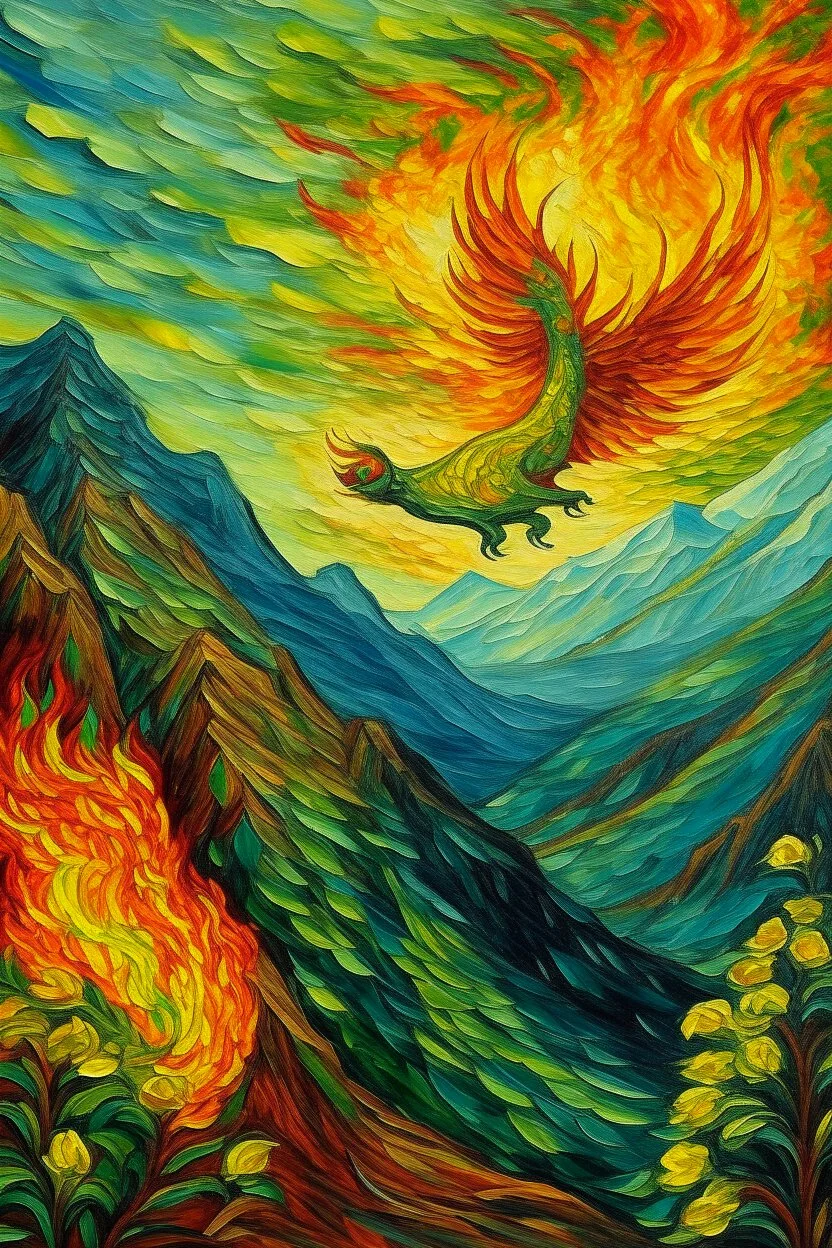 fire bird flying over mountain by van Gogh