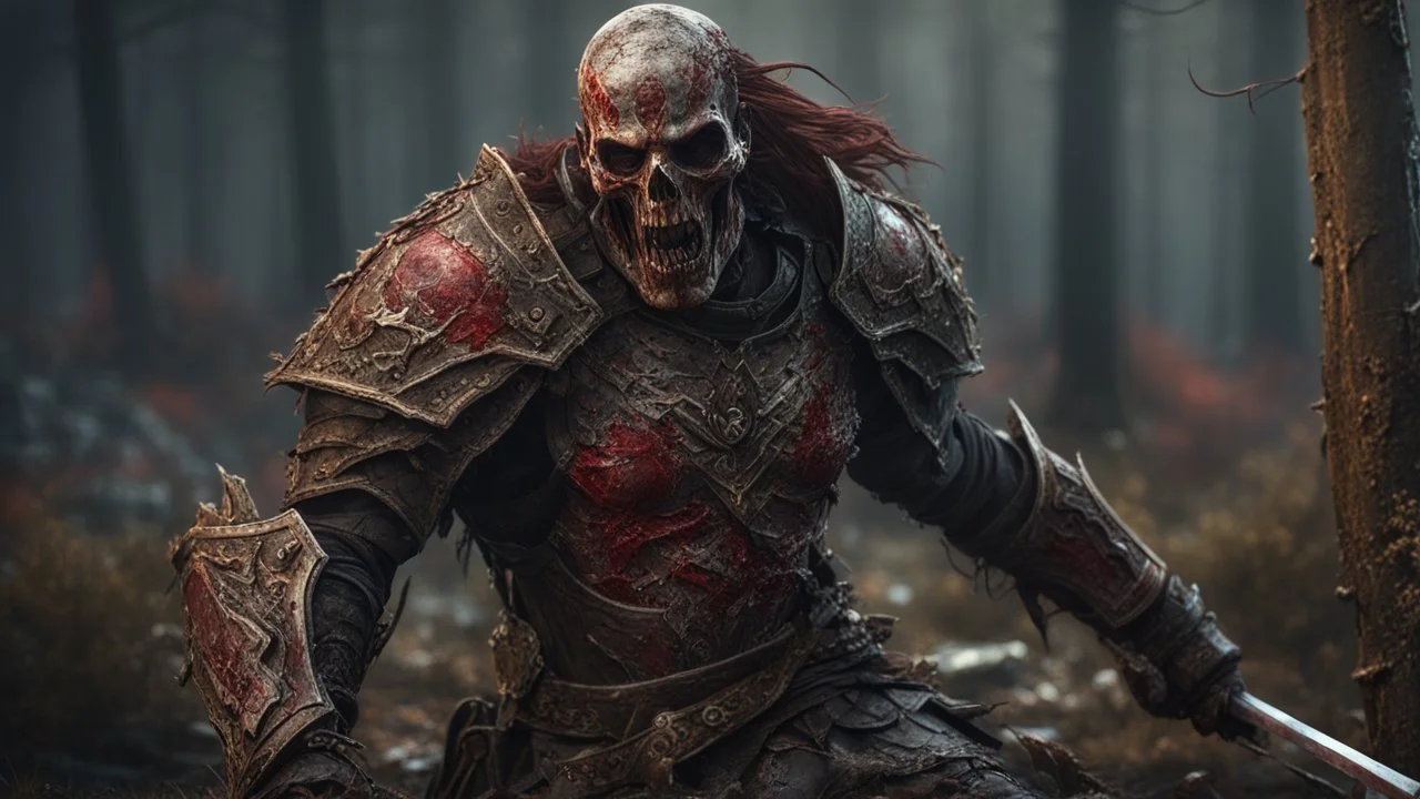 a rotting warrior. brutal carnage on a battle field. fantasy setting. armor fused to the skin. blood. broken armor. gloves. intense horror. blind terror. scared to death. a masterpiece, fantasy concept art, dynamic lighting, hyperdetailed, intricately detailed, deep color, Unreal Engine, volumetric lighting, Epic cinematic brilliant stunning intricate meticulously detailed dramatic atmospheric maximalist digital matte painting