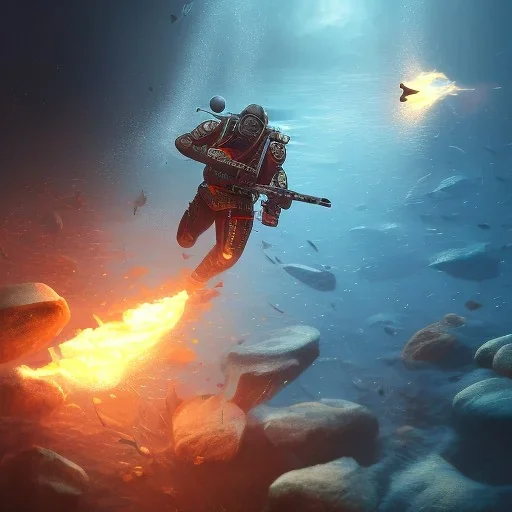 diver like a flame,with the gun,hi quality detail,hi quality textures,cinematic,realistic,aggressive,cosmic