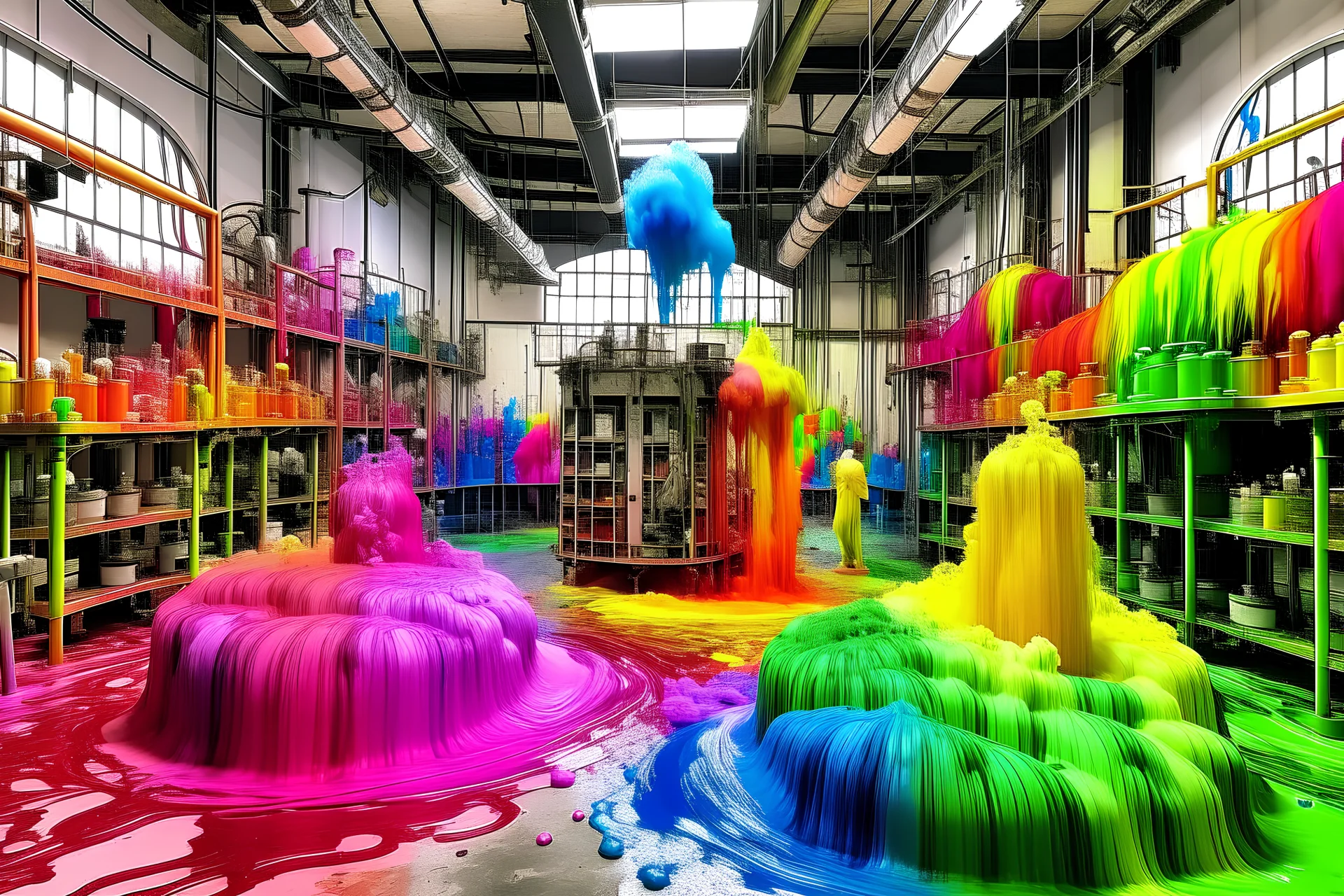 surreal rainbow explosion in perfume factory staffed by squidmen