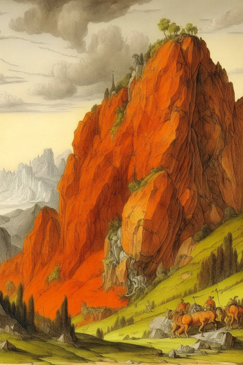 An orange rocky mountain painted by Albrecht Durer