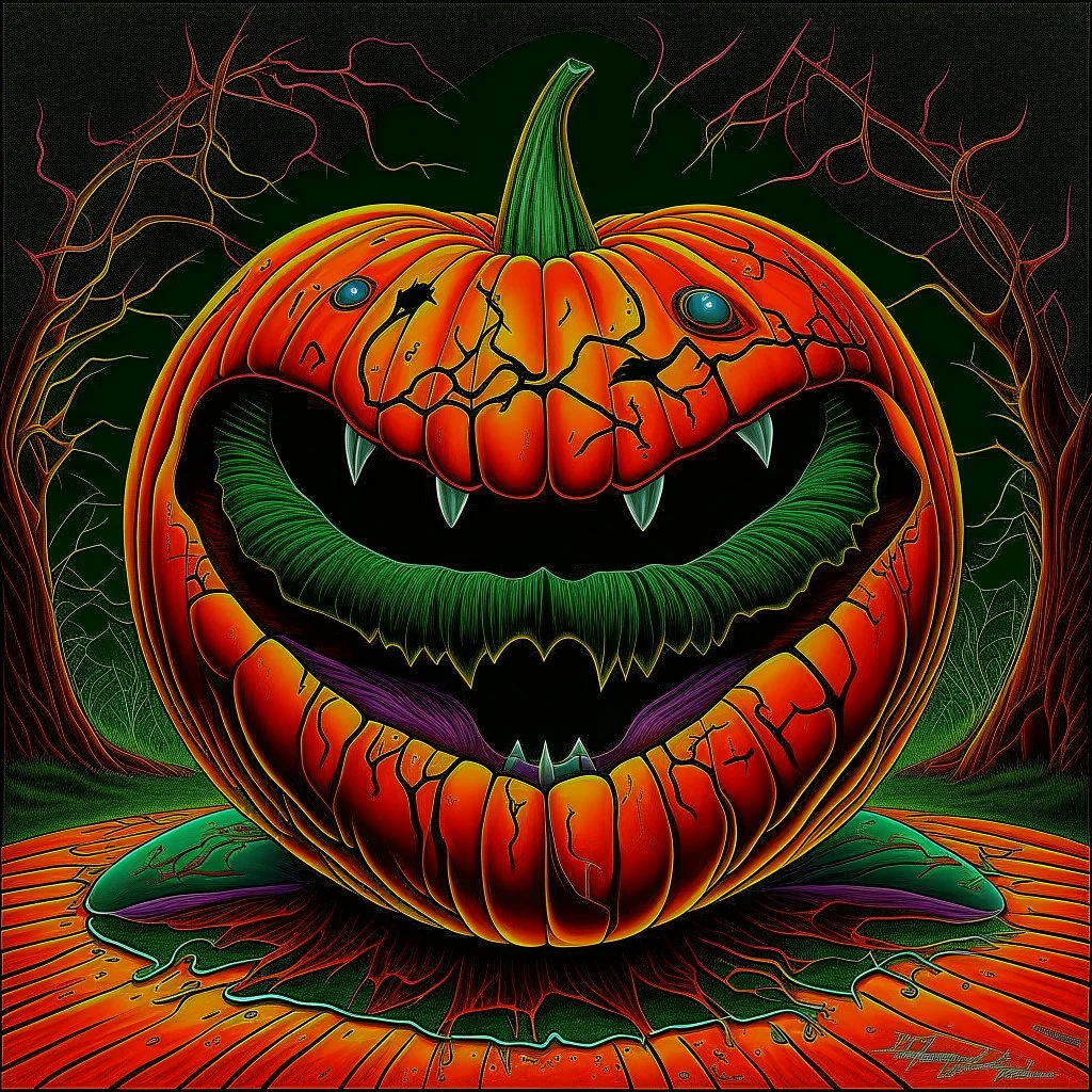 hallucinatory jack-o-lantern, neo surrealism, by Gerald Scarfe, by Igor Morski, fantastical detailed 3D artwork, trippy, deep color, complementary colors, trending on DeviantArt.