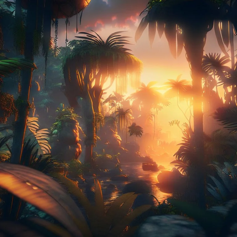 fantasy jungle at sunset, photorealistic, unreal engine 5, masterpiece, trending on artstation, sharp focus