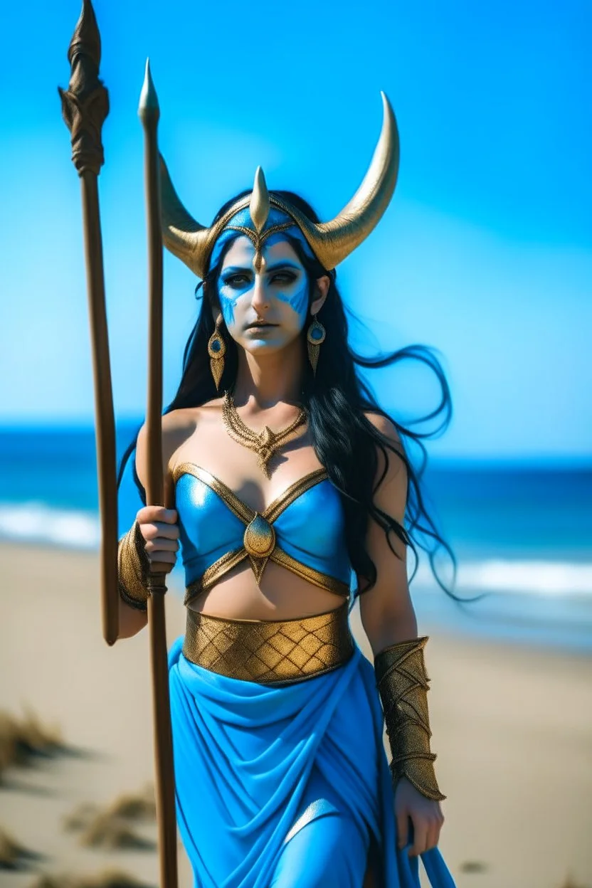 A picture of a beautiful blue faced indian goddess with skin painted blue, blue painted body, blue painted torso, wild black hair, stag antlers, elven ears, golden skirt, holding a staff on a sunny beach