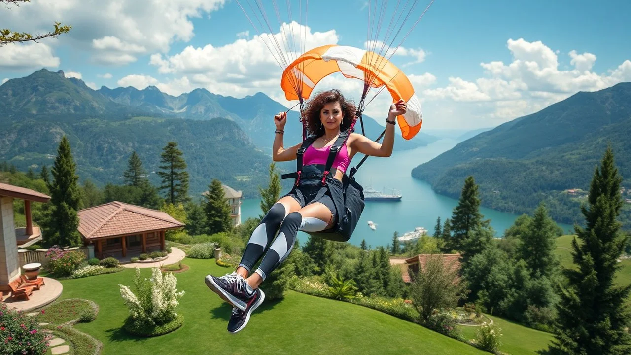 very beautiful lady with beautiful sports pant and top and sports shoes with curvy hair with a parachute flying in a nice villa yard with trees flowers ,in country side in floor of beautiful mountains ,sea with ships ,water falls ,looking at camera