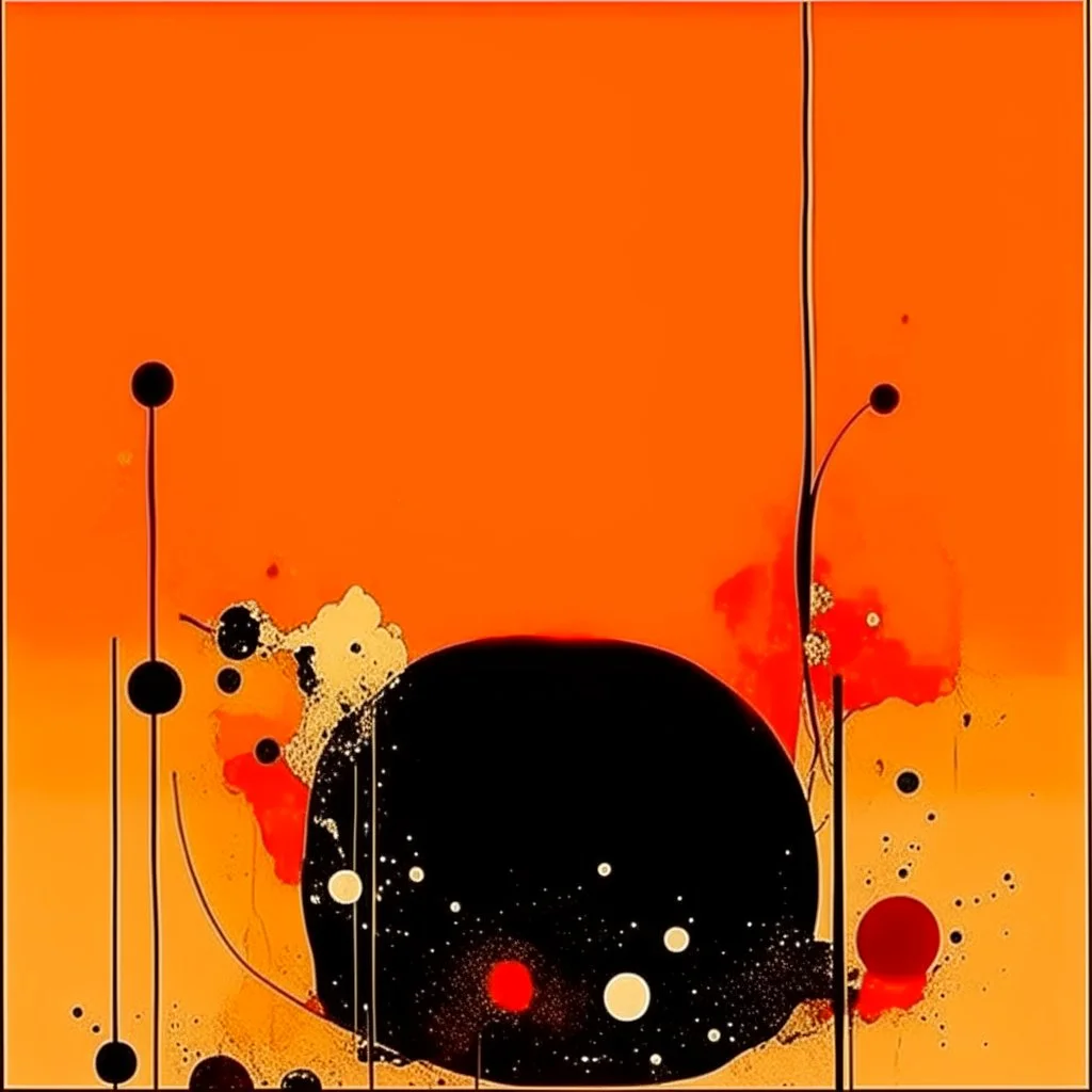diffused cosmic conspiracies, abstract surrealism, by Graham Sutherland and Victor Pasmore, silkscreened mind-bending illustration, asymmetric, cigarette burn textures, warm orange and black colors