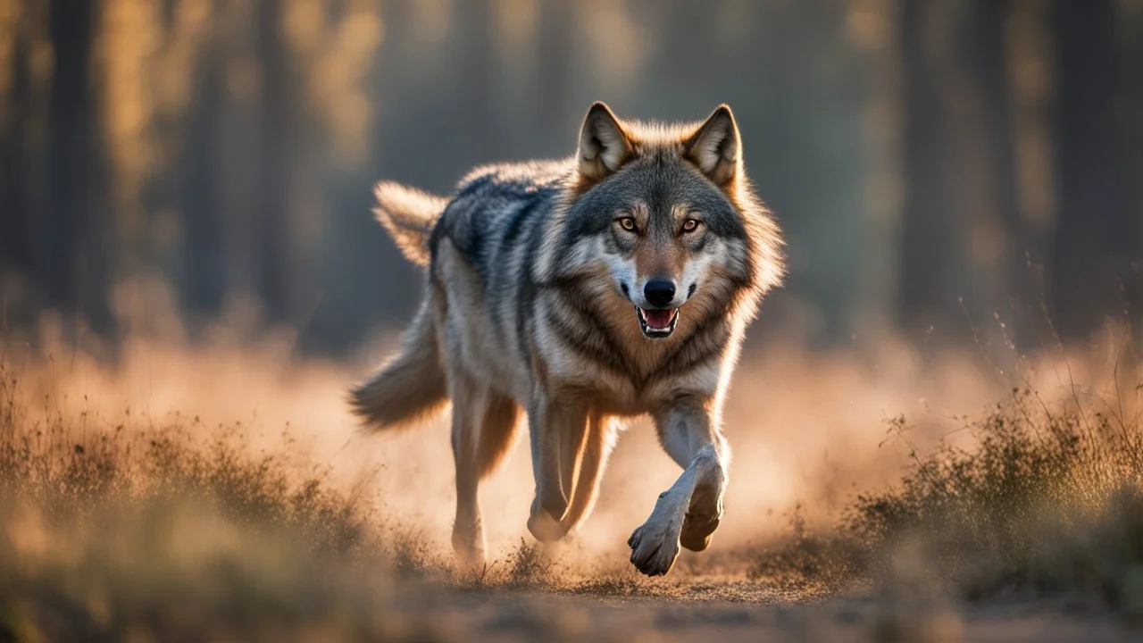 IScenic Landscape, a wild wolf running towards the camera, captured in a stunning natural setting. The scene is a breathtaking expanse of wilderness, with the wolf in full stride, its eyes focused and intense. The landscape around the wolf is a vivid tapestry of forests, mountains, and open fields, illuminated by the soft glow of the morning sun. The photograph captures the essence of untamed nature, showcasing the wolf's powerful build and graceful agility. The image is taken with a Nikon D850