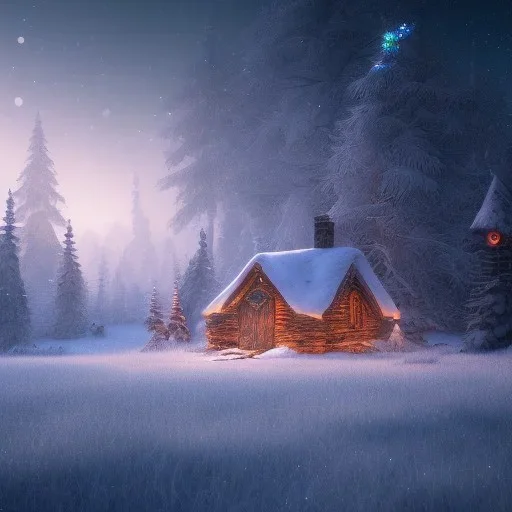 Mysterious christmas night, a small lonely hut, surreal atmosphere, cosmic backdrop, celestial ambience, soft lighting, very chilly appearance of the surroundings, unreal engine 5 volumetric lighting, intricate details, realistic style, 8k resolution