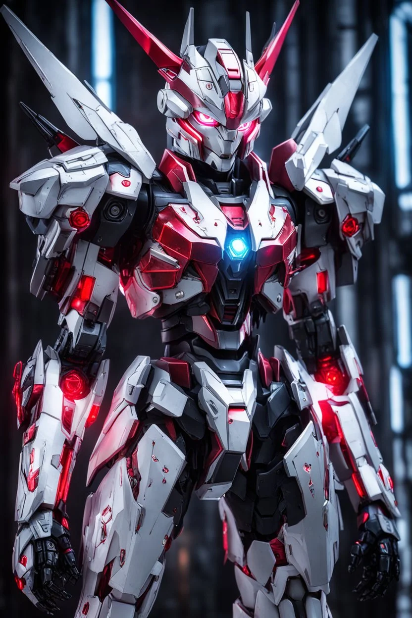 Photography HDR Beautiful Cyber Mecha gundam , her highly detailed, otherworldly appearance. Her porcelain-like skin is flawless and gleams with an ethereal glow, contrasting sharply with the deep black of her cybernetic armor. Her eyes are piercing through the darkness with their stunning red neon glow