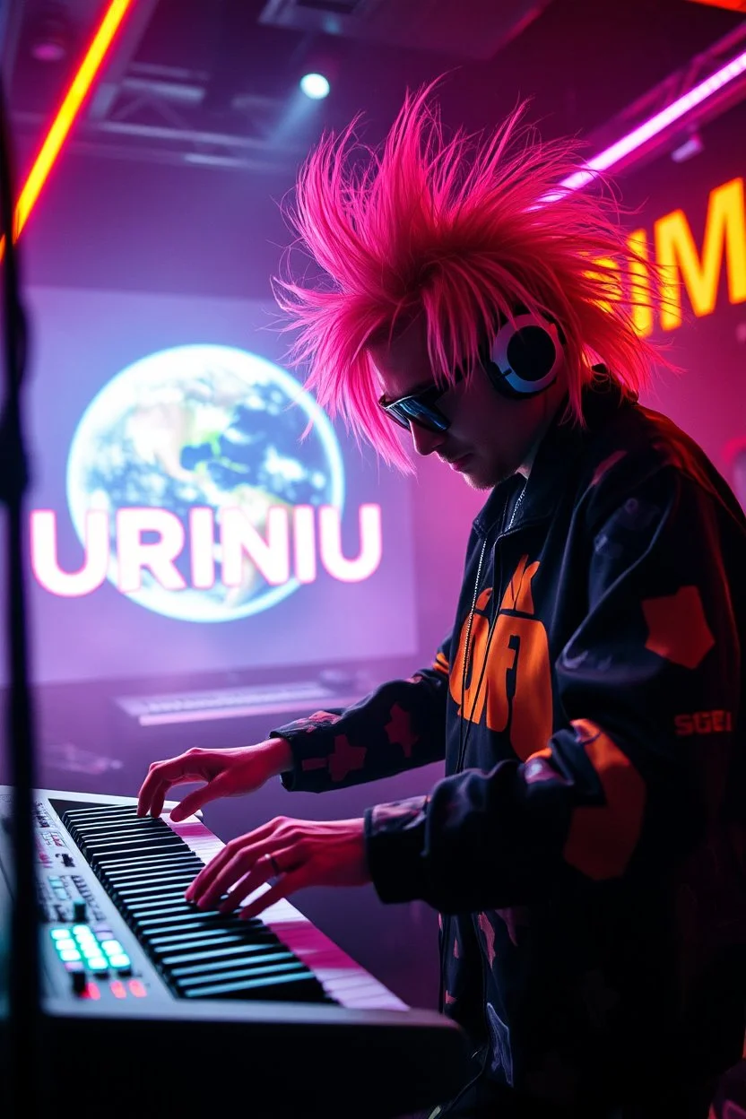 French cool synth player with crazy techno acid hair, he is called "Jean-Maurice Brûlée" performing at dance club, his name is "Jean-Maurice Brûlée" , white and orange Neon lights and oraNGE smog, and "URINIUM" big sign on the wall, he is playing on synthesizers on stage with lot of laser beams and wearing black sunglasses, an earth is projected in background