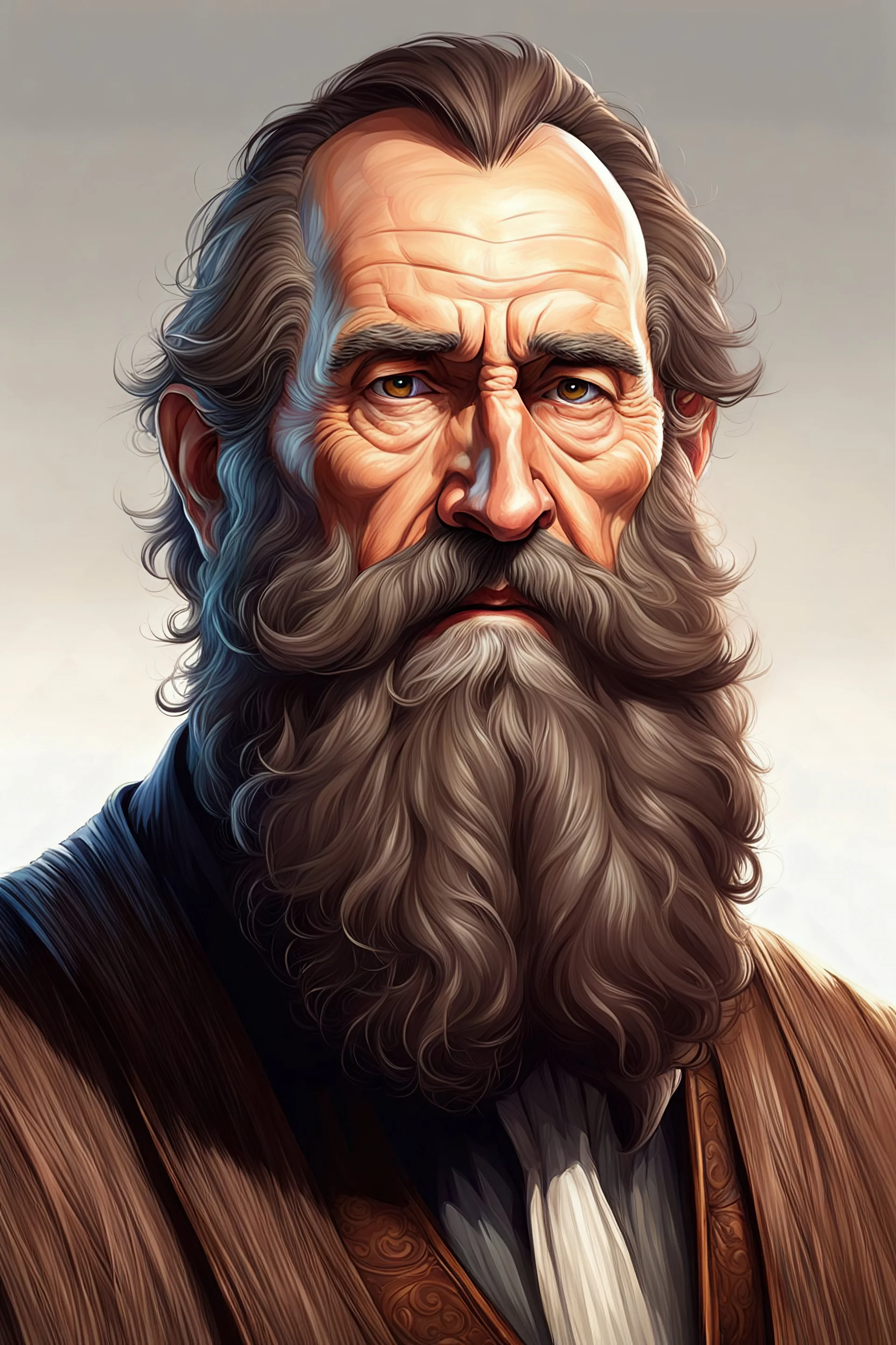 Illustration {adult man, 52 years old, villager, brown hair, long beard}, realism, semi-realistic, fantasy