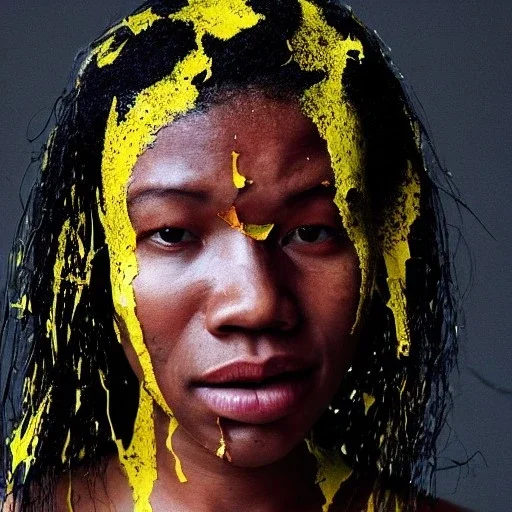 a brain exploding. kintsugi. Chaos. Portrait of a young black woman crying.a mind fracturing.confusion. Tears the colour of oil. Depression seeping out of her eyes nose and mouth like a oil spill