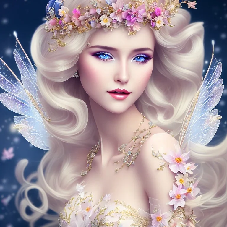 fantasy fairy with transparent wings, smiling, make up, long platinum blond hair with crown and flowers, arcoris dress