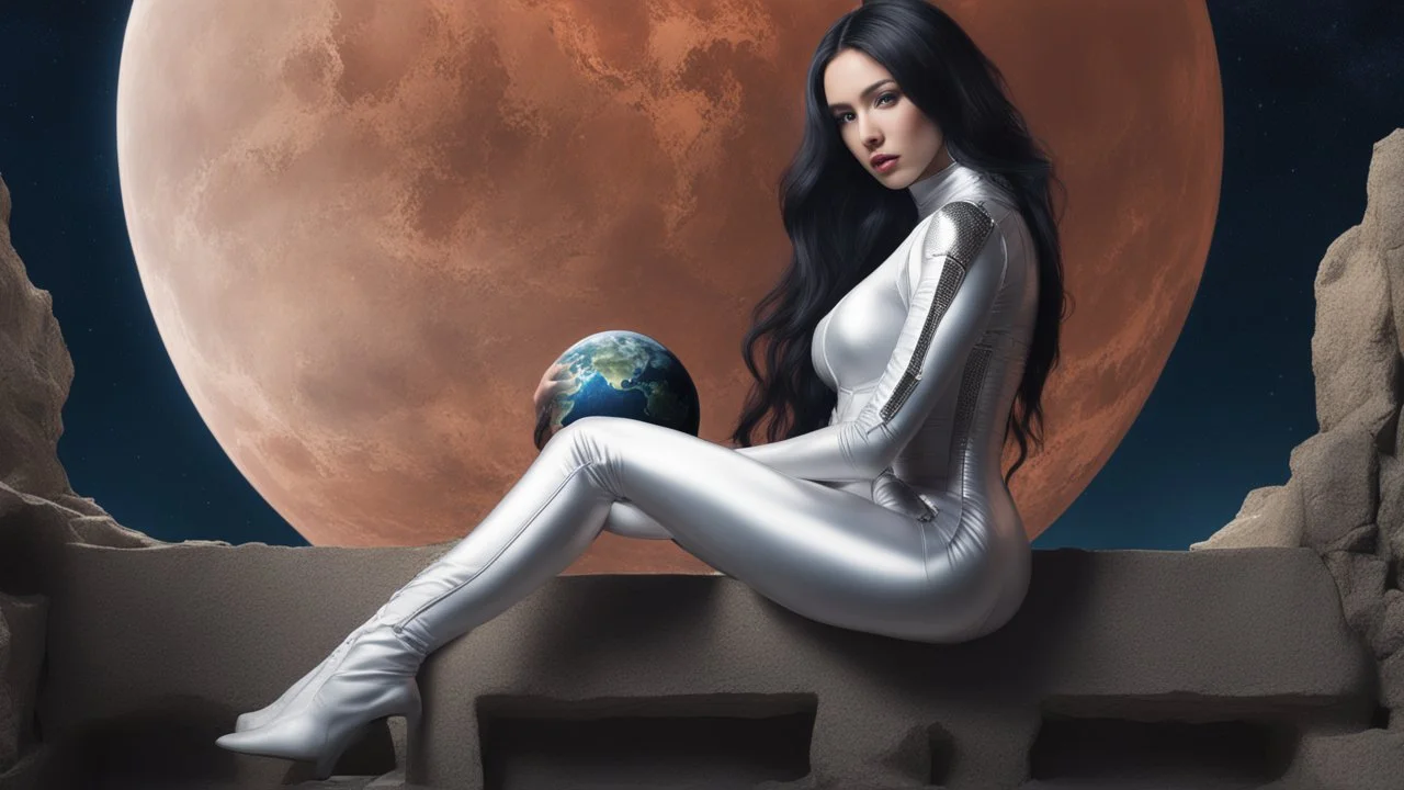 fantasy photo of a woman with black hair, sitting on a ledge over a pond, wearing an android-looking catsuit, sideways, with a planet behind her head