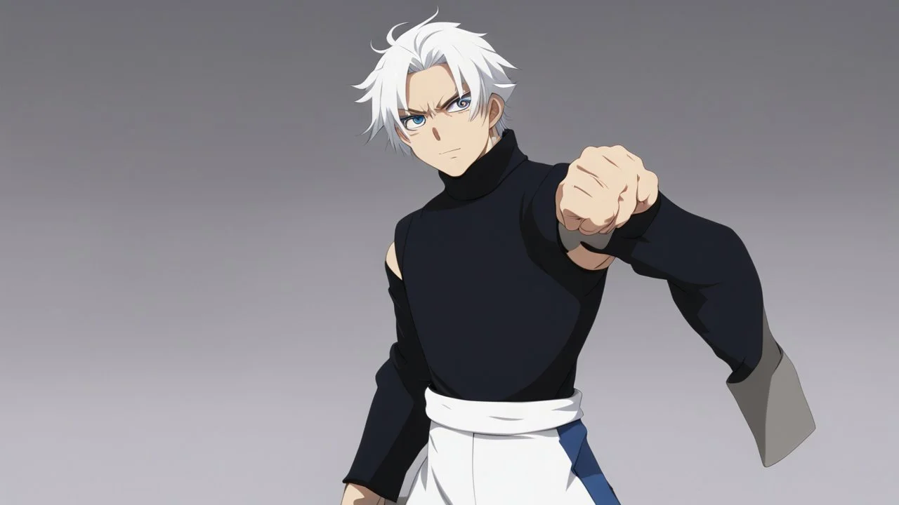 Satoru Gojo is a young guy white hair blue eyes black turtleneck without arms white loose pants in a defensive pose