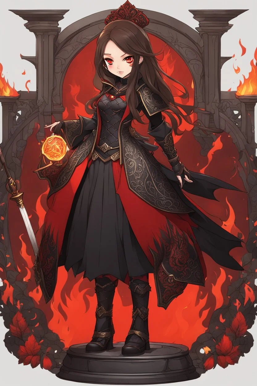 A young woman with pale skin and long brown hair in a fantasy setting with intricate details. Her attire is sleek black and red. She is smirking, has intense red eyes, intimidating presence, exudes an aura of malevolence. High definition. Fire in the background.