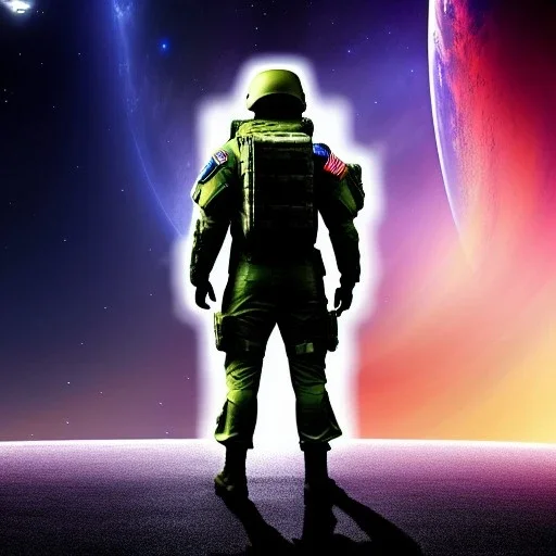 magnificent, realistic, colorful, massive, epic, cinematic, 8k, HD, Ultra High Definition, photo film, hyper-detailed, Future Army soldier military astronaut, realistic proportions, front view, colorful galaxy background