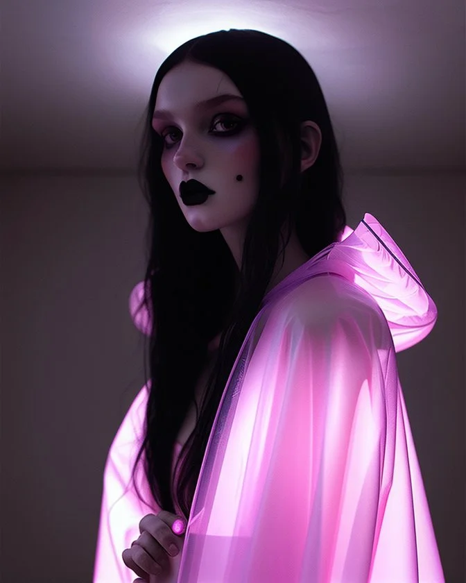 painting by koson ohara and marta bevacqua, portrait of a beautiful goth woman with long black hair, wearing a plastic raincoat, purple neon lighting, 8k, high quality, highly detailed