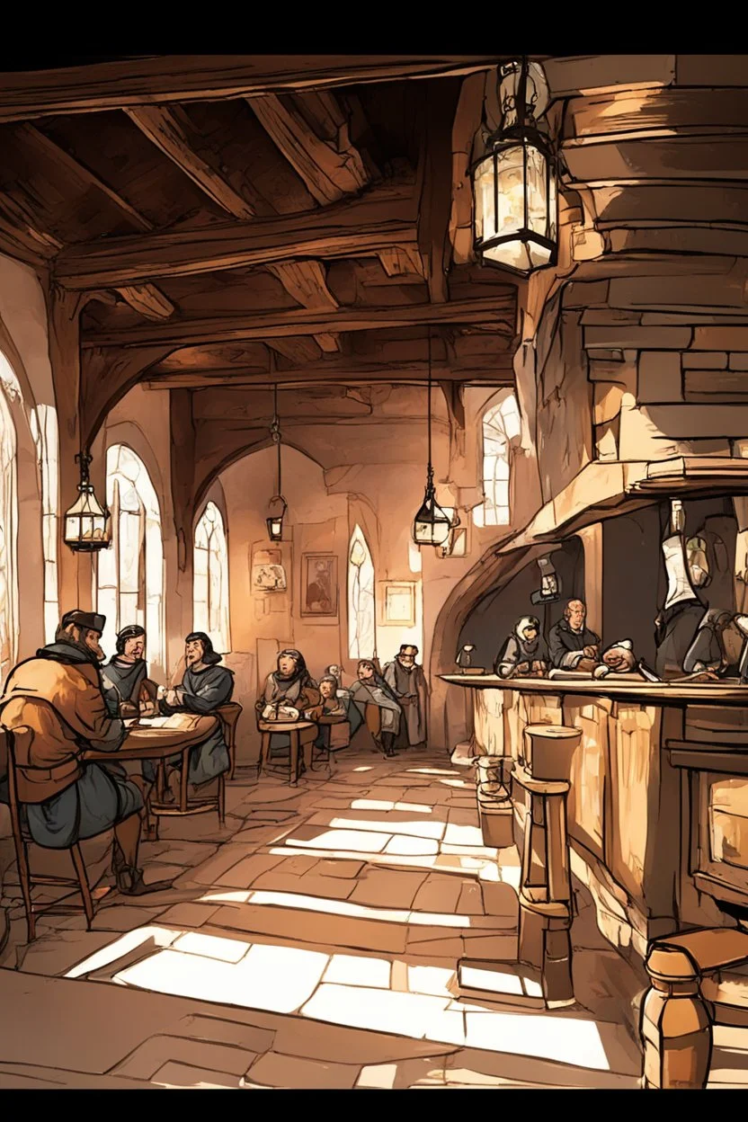 Lots of People sitting around tables in a medieval tavern with a stone floor, add people to the chairs