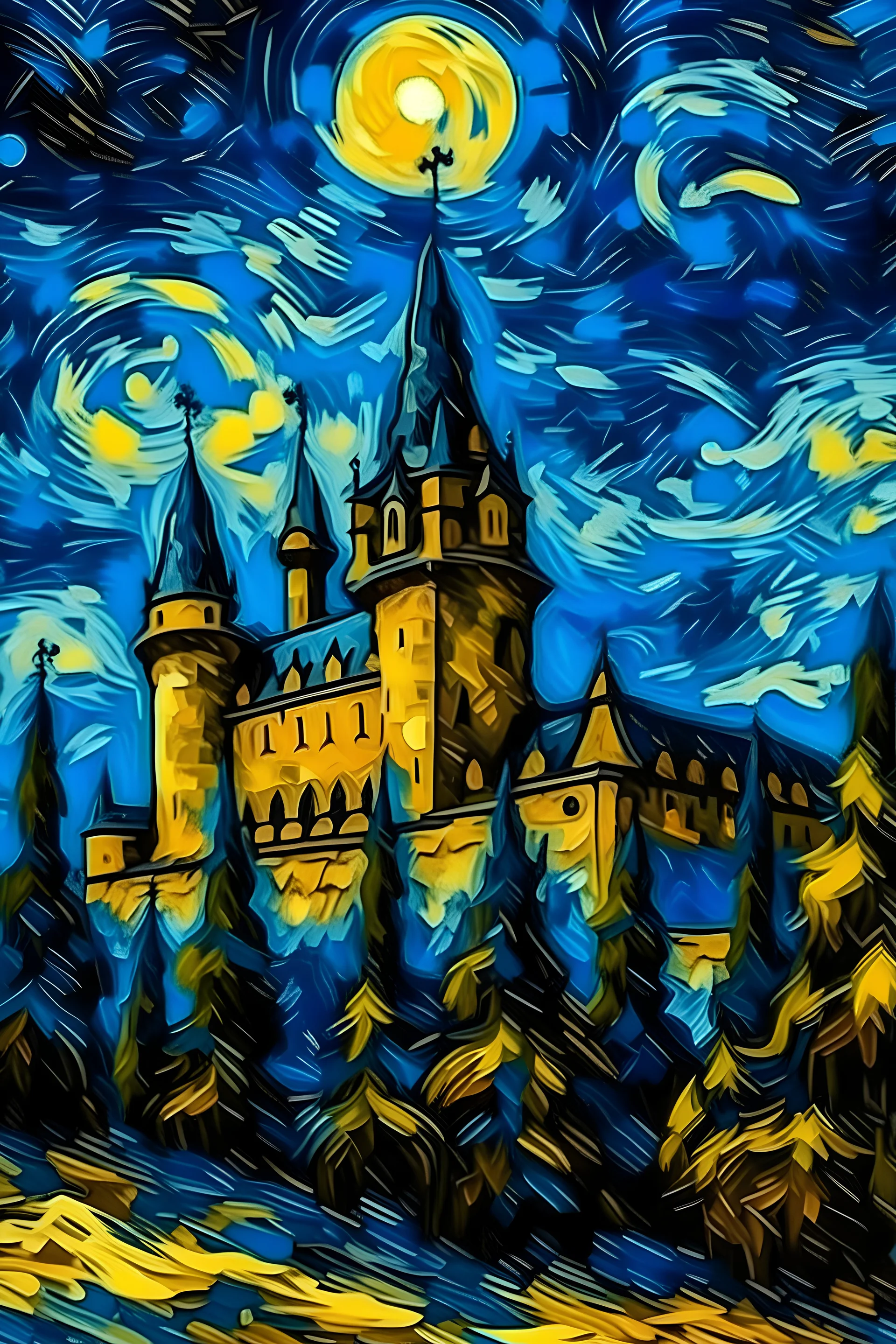 horrible castle in winter in van gogh style