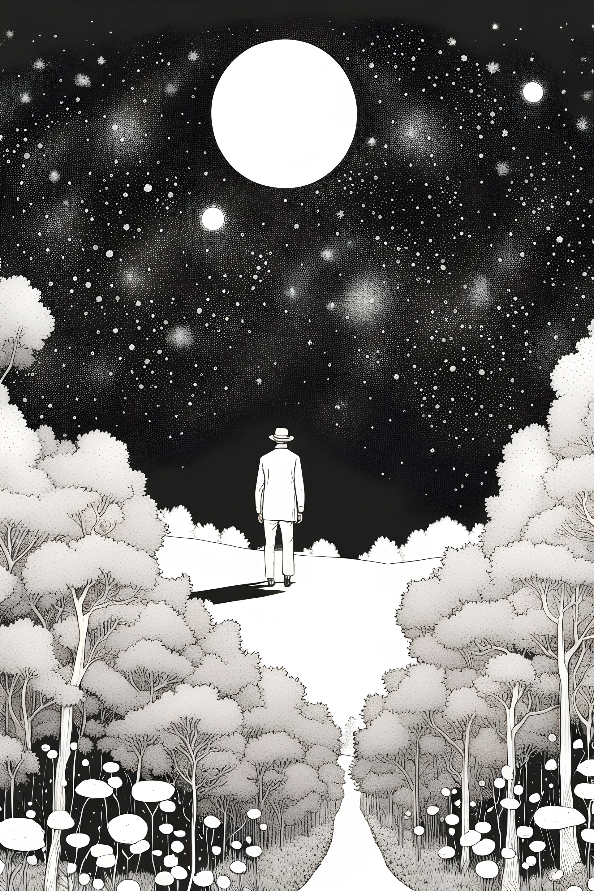 Peaceful, Jean Giraud, man floating, night sky filled with galaxies and stars, trees, flowers, black ink, one-line drawing, sharp focus, 8k, 3d