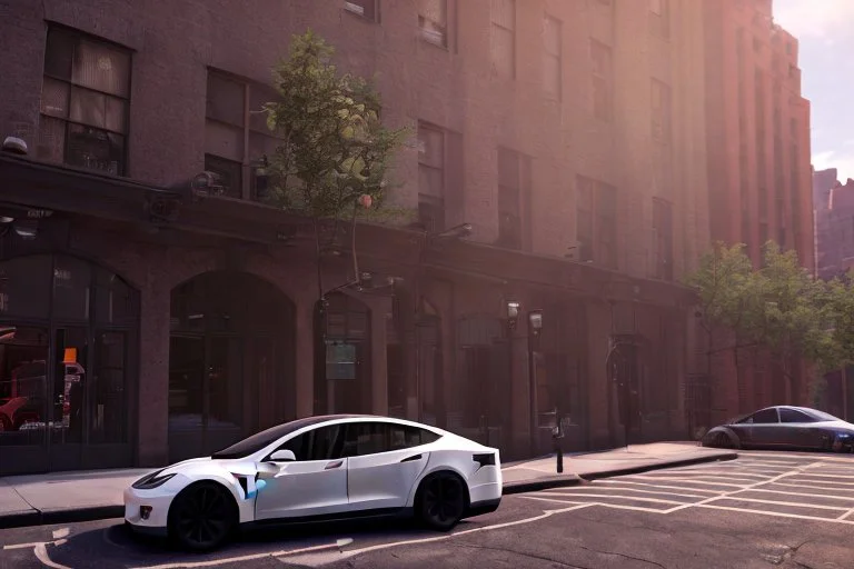 A Tesla 'Model Y' is parked, near the building of the 'Friends' series in New York. (CINEMATIC, WIDE ANGLE LENS, PHOTO REAL)