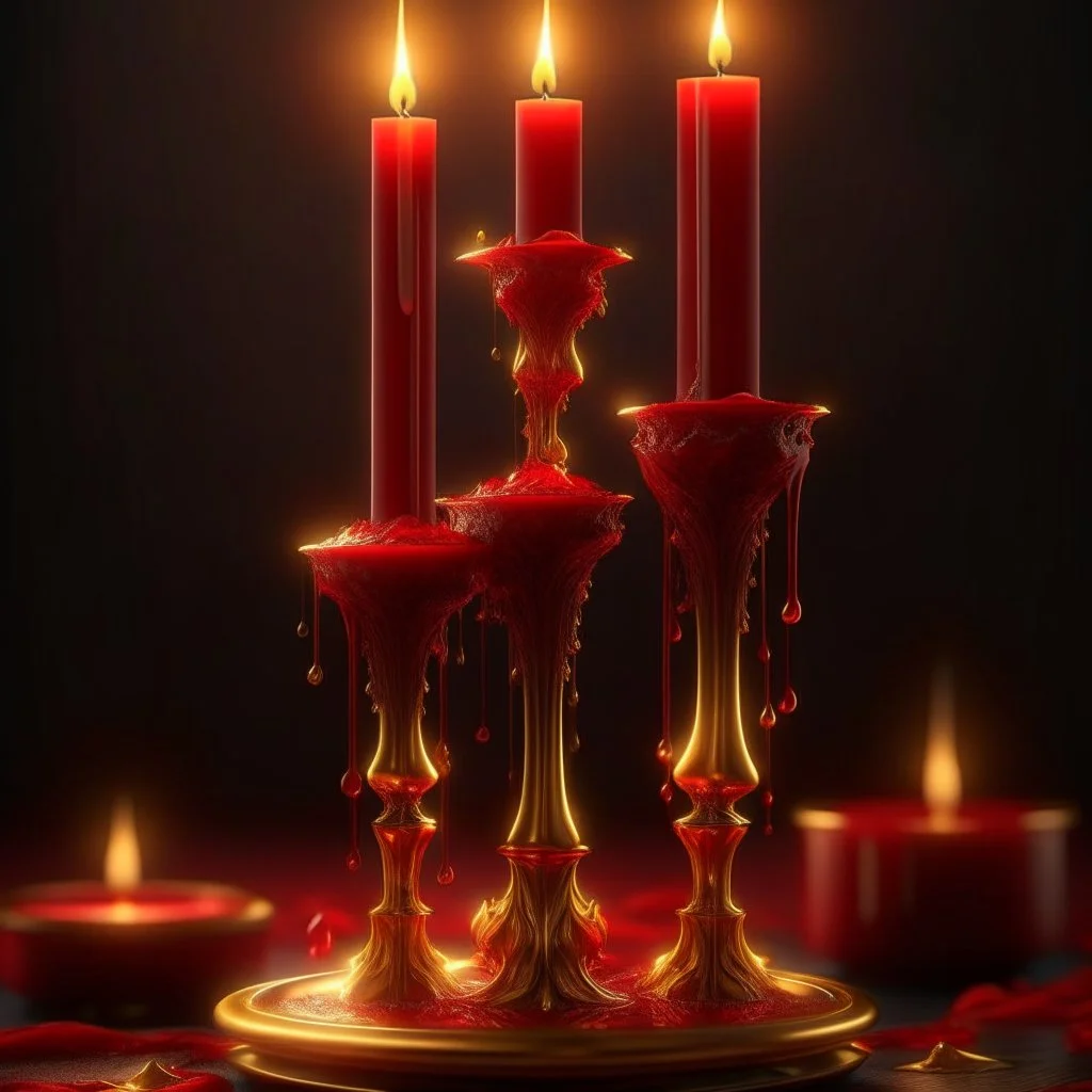 Red candles on a gold candlestick, dripping wax. Illustrative art, art interpretation, concept art, cgsociety contest winner, seasonal art, seasonal art HD, 4k, 8k, intricate, detailed, intricately detailed, luminous, translucent fantasy crystal, holographic data, soft body, shadow play, light, fog, atmospheric, cinematic, light film, hyper-detailed, hyper-realistic, masterpiece, atmospheric, high resolution, 8k, HDR, 500px, mysterious and artistic digital art, phototic, intricate, f