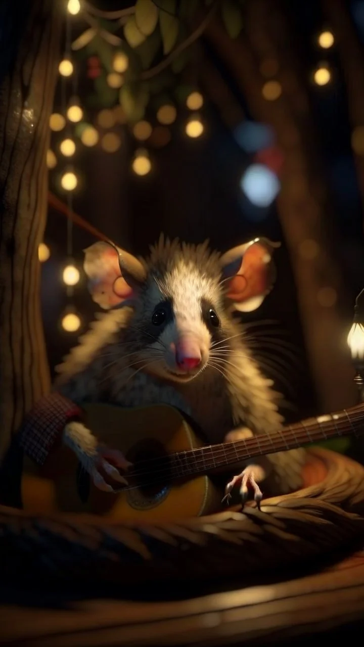 portrait of hairy rock guitar opossum living inside a tree house in a hollow huge tree growing light bulbs,bokeh like f/0.8, tilt-shift lens 8k, high detail, smooth render, down-light, unreal engine, prize winning