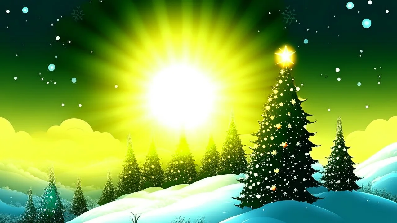 Fantasy cartoon style: Once upon a snowy hill. There are many pine trees on the hill, The sun is shining and the snow sparkled like a million tiny diamonds.