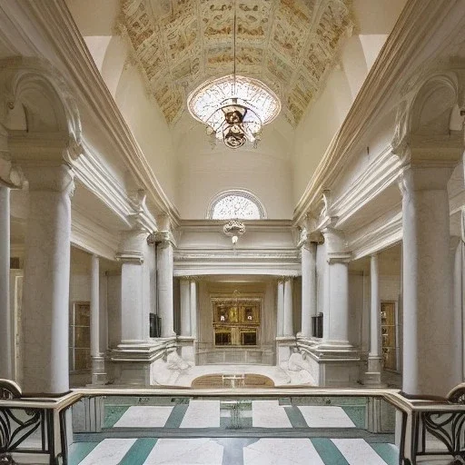 opulent and luxurious pale seafoam and white color mediterranean revival style hall; view from the huge central hall looking up at the building