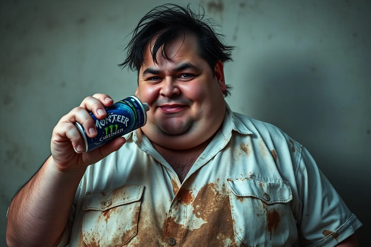 Cree l image d un agent de sécurité obese et sale. Il porte une chemise blanche tachée et boit une cannette de la marque monster. Il a des cheveux noirs hirsutes. 4k realiste. Il est très sale, il sent mauvais. Il sourit betement. Il a bu beaucoup d alcool la veille. Il est débraillé