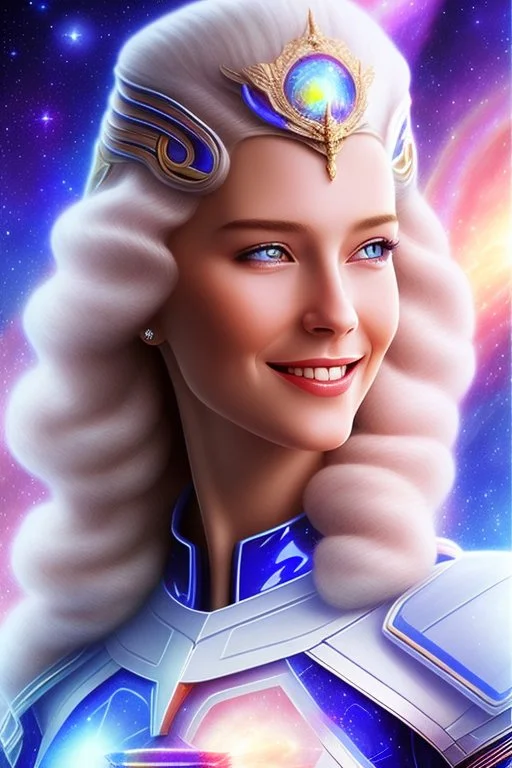 young cosmic woman smile, admiral from the future, one fine whole face, large cosmic forehead, crystalline skin, expressive blue eyes, blue hair, smiling lips, very nice smile, costume pleiadian,rainbow ufo Beautiful tall woman pleiadian Galactic commander, ship, perfect datailed golden galactic suit, high rank, long hair, hand whit five perfect detailed finger, amazing big blue eyes, smilling mouth, high drfinition lips, cosmic happiness, bright colors, blue, pink, gold, jewels, realistic