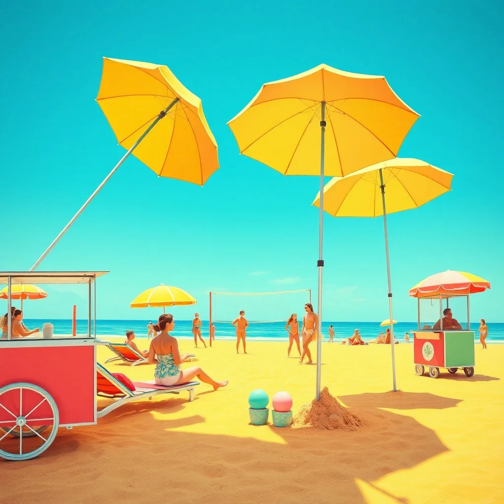 vibrant 1950s beach holiday pop art scene with bright retro umbrellas and stylish sunbathers. The azure sky and golden sand set the stage for playful beach volleyball and children building sandcastles. An ice cream cart offers pastel-colored scoops, adding to the cheerful atmosphere. The vivid hues of turquoise, coral, lemon yellow, and seafoam green create a joyful, nostalgic vibe