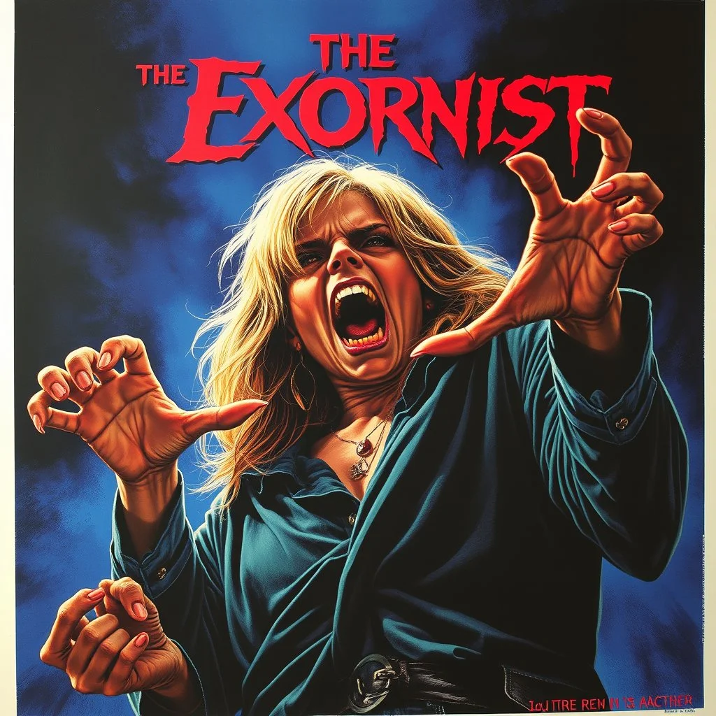 demonically possessed Regan MacNeil, The Exorcist poster art, by Wes Benscoter, by John Romita Jr, by Drew Struzan, horror poster, ultra detailed, cinematic lighting, epic masterpiece, colorful 70's horror aesthetic