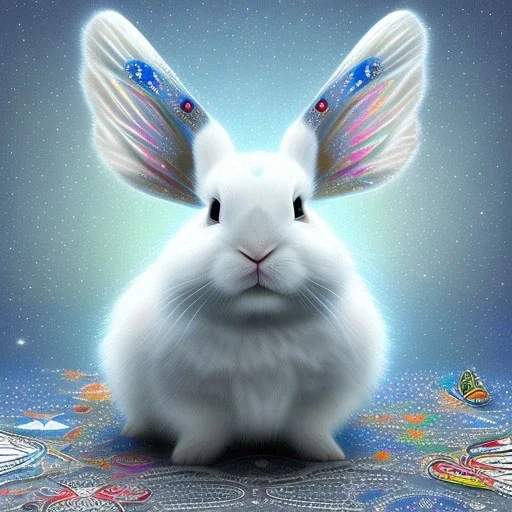 white platinum rabbit with blue third aye and butterfly wings, aboriginal, dot painting, indiginous, dot, mud, dream-time, abstract, dots, natural pigment, extremely sharp detail, finely tuned detail, ultra high definition, 8 k, unreal engine 5, ultra sharp focus, art germ and Paul Lewin and Kehinde Wiley, winter ambiance