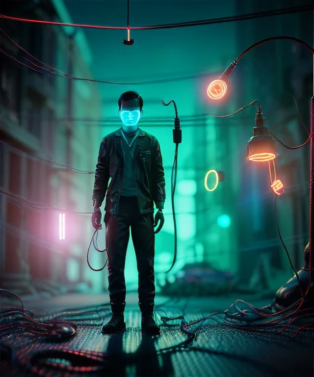 Ultra realistic photographic night portrait, cinematic, <Asian woman> <hanging wires> <retro monitor> many wires coming out of the head <perfect pupil> <cyborg arm> <garage> <wide angle Shot> <sci-fi futuristic> <thriller>, neon lights, color fog, soft color, highly detailed, unreal engine 5, ray tracing, RTX, lumen lighting, ultra detail, volumetric lighting, high definition.