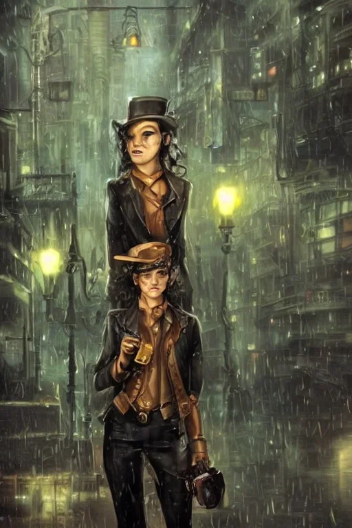 steampunk detective in a neon dystopian city during a rainstorm