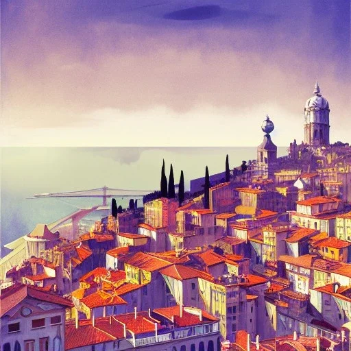 Skyline from Belvedere di spianata castelletto Genoa, Liguria architecture , Book illustration by Gediminas Pranckevičius, Jean Baptiste Monge, Brian Kesinger, Anton fadeev, Kilian Eng, strong lines, high contrast vibrant colors, highly detailed, 16k resolution, trending on behance