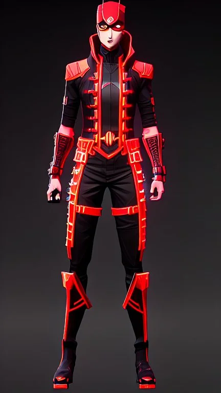 dibujo de contorno de un Samurái negro y rojo con traje cyberpunk full body