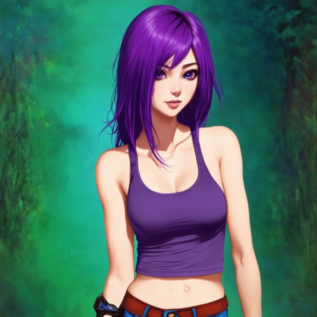 a pretty girl, relaxed, tank top, purple hair, digital art