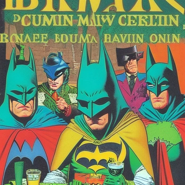 A 1980 medieval comic cover of a dark universe masonic sad drunk batman cosplay convention, green batman, orange batman, cyan batman, white batman.