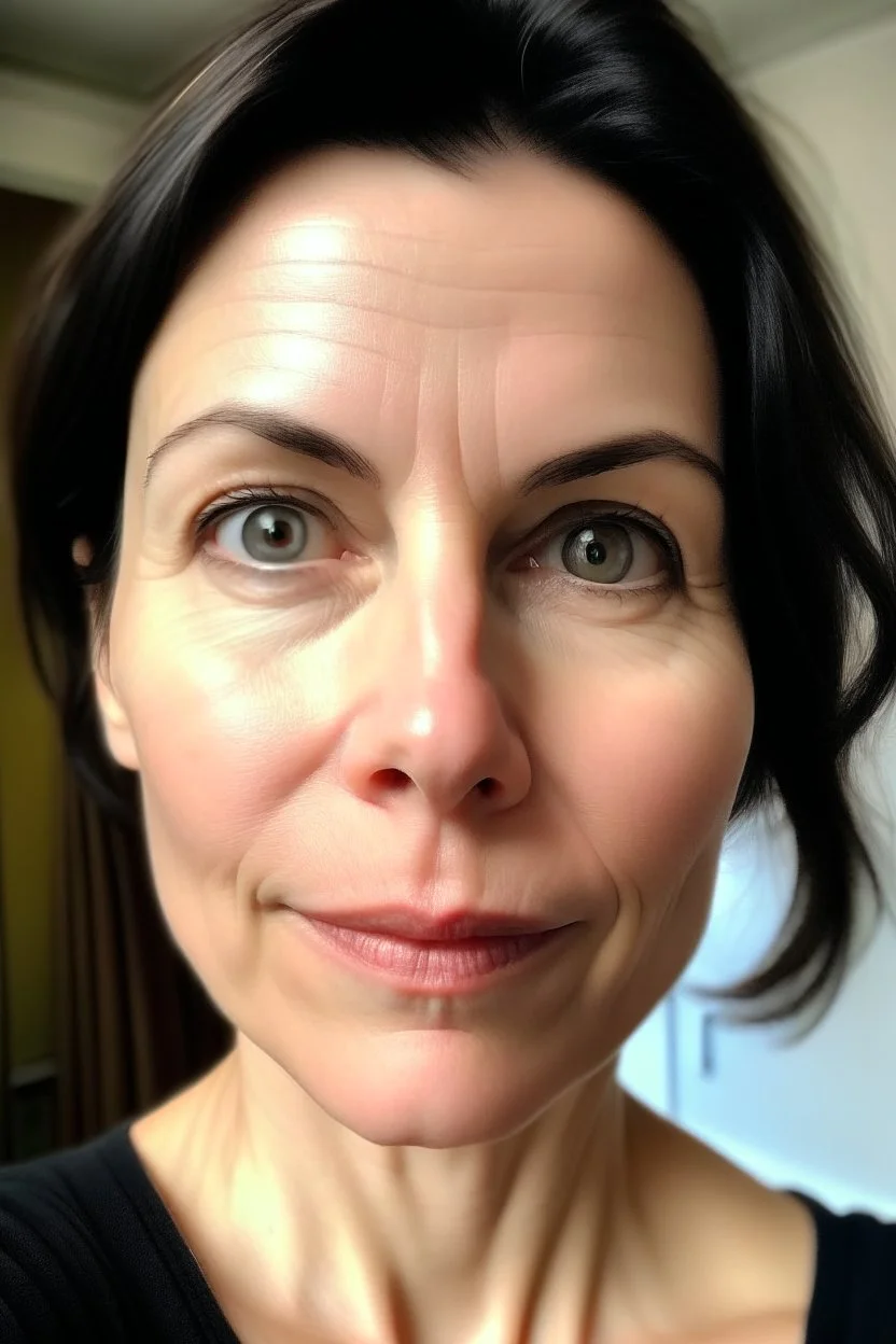 A selfie of a brunette woman, middle short hair taken after massage at spa salon. showing attractive 37-year-old European woman. She has white skin, tousled black hair, pretty face without makeup, big round brown eyes, cute profiled nose, detailed full lips, skin texture.